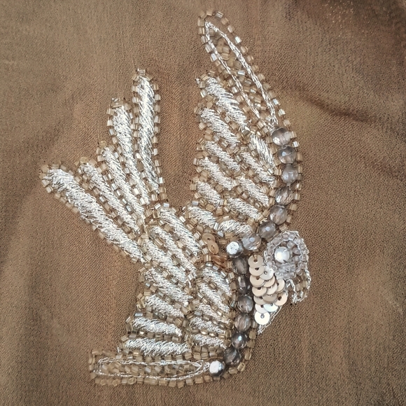 Topshop Beaded Sequined Silver Embroidered Birds Blouse Brown Crepe 2 Petite - Picture 2 of 7